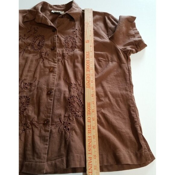 AKC Womens XL Top Capri Pants Suit Set Linen Blend Embroidered Cut Work Brown - Picture 10 of 13